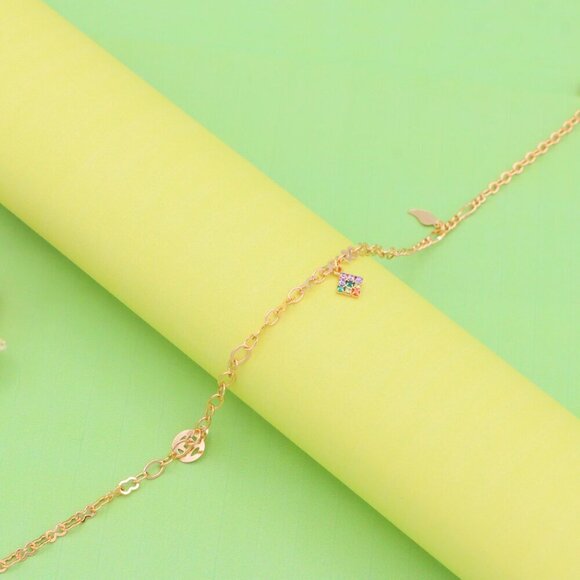 "Rose Gold Anklet with Rainbow Charm and Leaf Accents, XPAL1039 - Picture 5 of 12